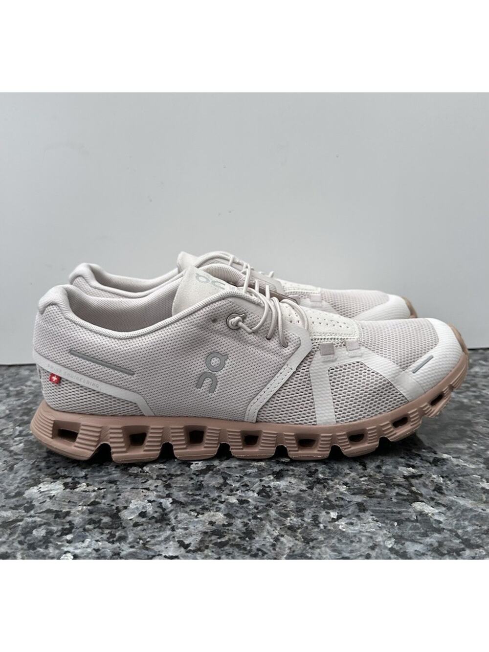On Running Cloud Athletic Shoes in Light Beige and Blush Sole